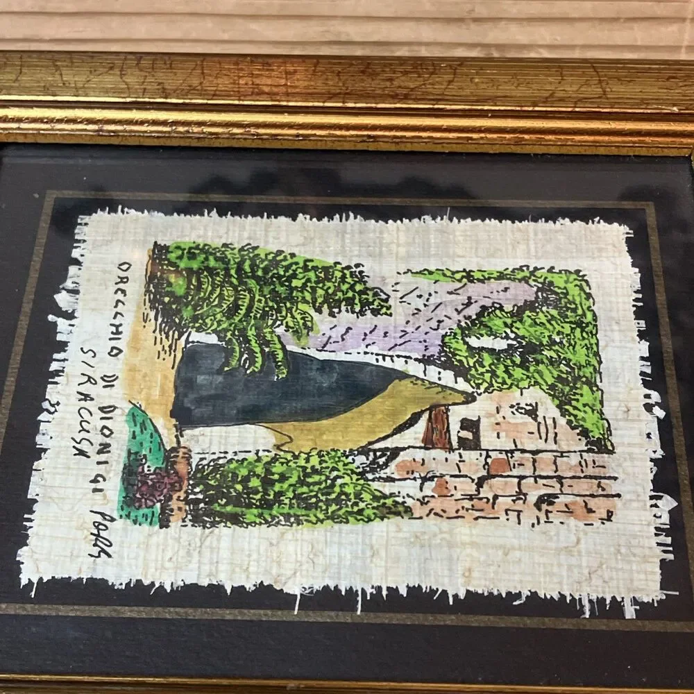 Vintage Ear Of Dionysius Art On Papyrus Siracusa Italy Souvenir Red Gold Frame